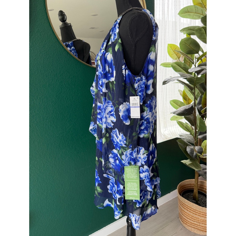 SLNY Blue Floral Tiered Halter Dress Metallic Stripe Size 18 Resortwear Vacation - Picture 3 of 11